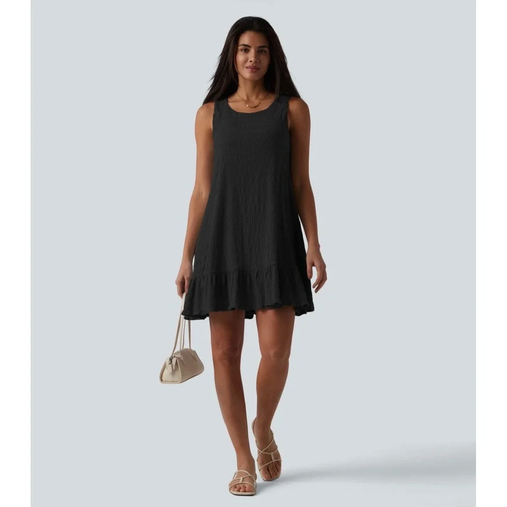 Halara Black Crinkle Textured Ruffle Hem Sleeveless Mini Shift Dress Large New - Picture 5 of 12